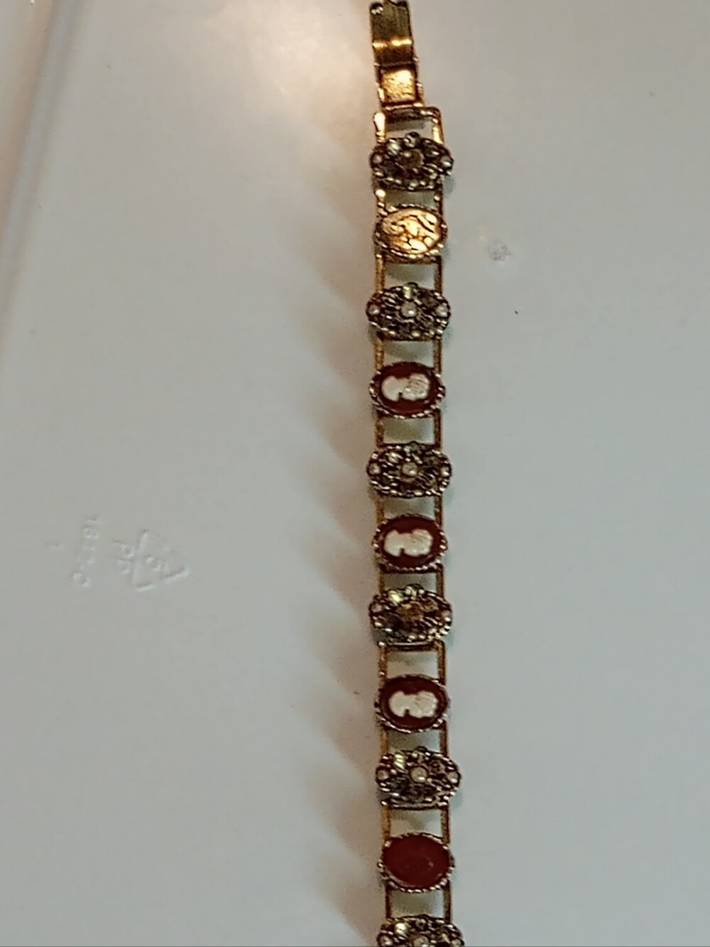 Antique Gold Floral Cameo-Link Bracelet with Red and Cream Accents - Picture 2 of 4